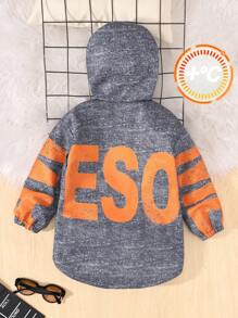 SHEIN 男小童字母圖案落肩袖連帽加絨內裏外套