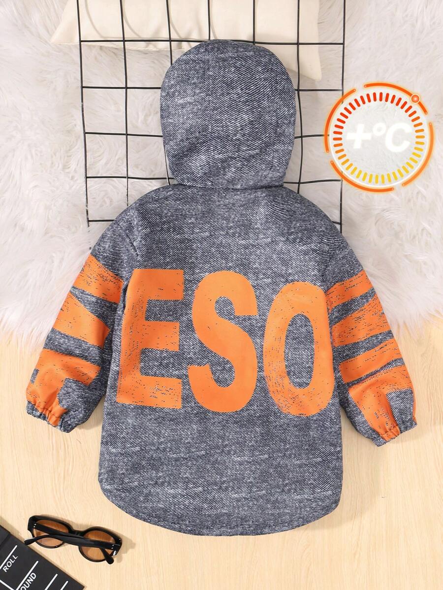 SHEIN 男小童字母圖案落肩袖連帽加絨內裏外套