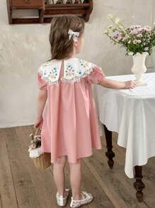 LMoss Kids Young Girl Floral Print Chiffon Ruffle Trim Puff Sleeve Dress - Pink - View 2