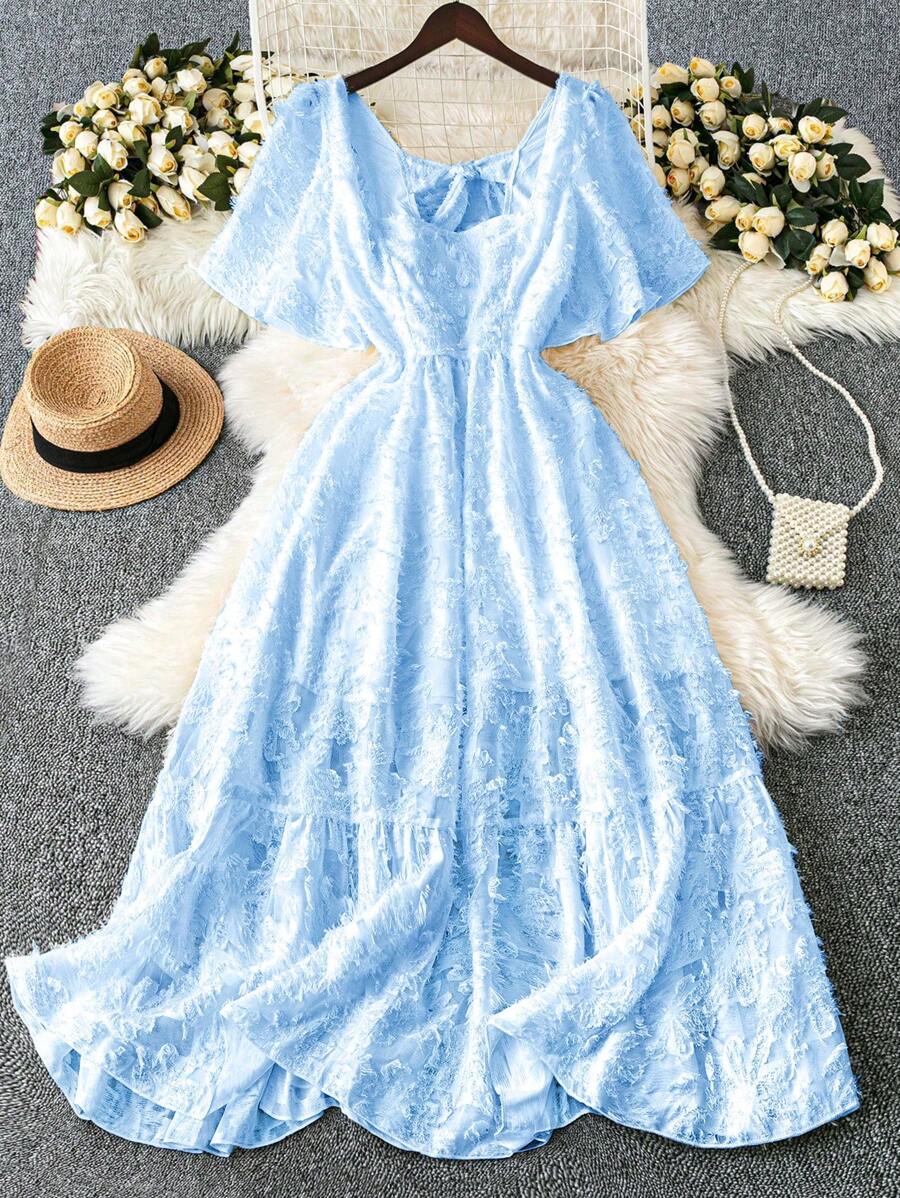 DreamSkyne Romantic Date  Plus Size Elegant Solid Color Square Neck Tie-Up Summer Dress - Baby Blue - View 1