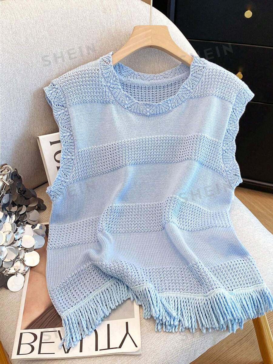 Franclia Maieu din tricot cu tiv cu franjuri, casual, texturat, pentru femei, albastru cer, primăvară/vară - Bleu - Vizualizare 1