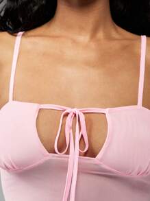 MISSGUIDED Tie Front Cami Top Ribbed Summer Crop Tank Bustier Style Spaghetti Strap Ruched Front Sleeveless Basic Essential Festival Y2K Style Camisole - Pink - View 3