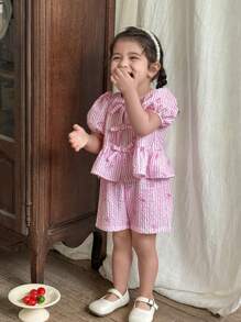 LMoss Kids LMoss   2pcs/Set Baby Girl Woven Striped Bow Decor Round Neck Puff Sleeve Top And Shorts Set,,3D Bow Decor - Pink - View 3