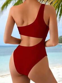 Swim Vcay Women Spring Break Sexy Vacation Backless One Shoulder Pink Summer One-Piece Swimsuit - Burgundy - View 2