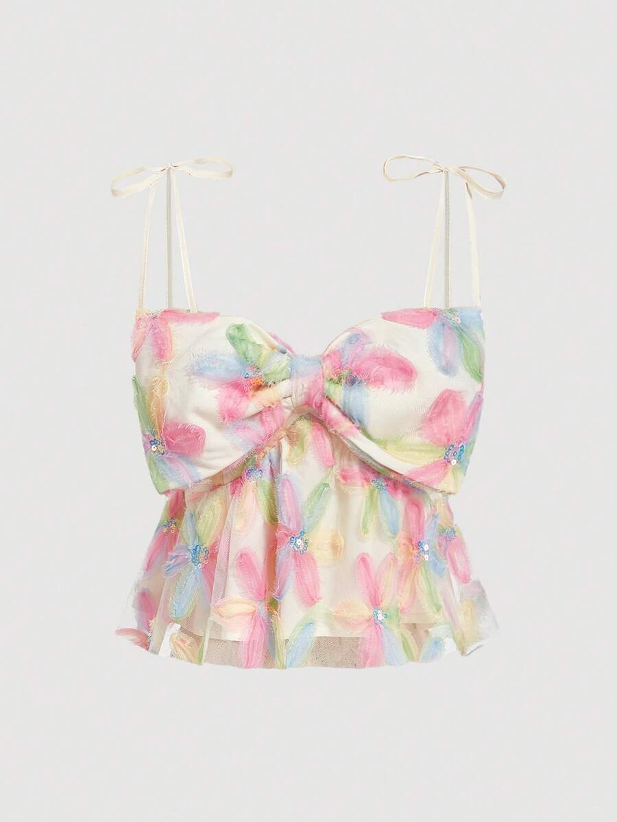 SHEIN MOD 多色浪漫可爱超大蝴蝶结娃娃装上衣,特殊面料,3D花朵,蝴蝶结装饰和荷叶边下摆,适合节日、野餐、约会穿着、女士沙滩装、女士生日穿着、女士婚礼宾客。夏季、复活节女士、度假女士、狂欢、音乐会女士、女士早午餐、女士西部服饰、露肩上衣、乡村音乐会 - 彩色 - 查看 1