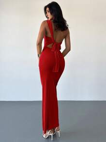 Firerie Elegant Slit Backless Red Maxi Dress With Ruffle And Ribbon,Summer Party Dresses For Women,Vacation Wedding Season Valentine's Day Spring/Summer - Red - View 3