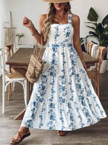 SHEIN Holidaya Plus Size Women Blue & White Print Waist Shaping Vacation Daily Casual Commuter Strap Midi Dress