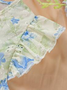 SHEIN Clasi Women's Floral Print Hollow Embroidery V-Neck Blouse, Suitable For Summer - Blue - View 4