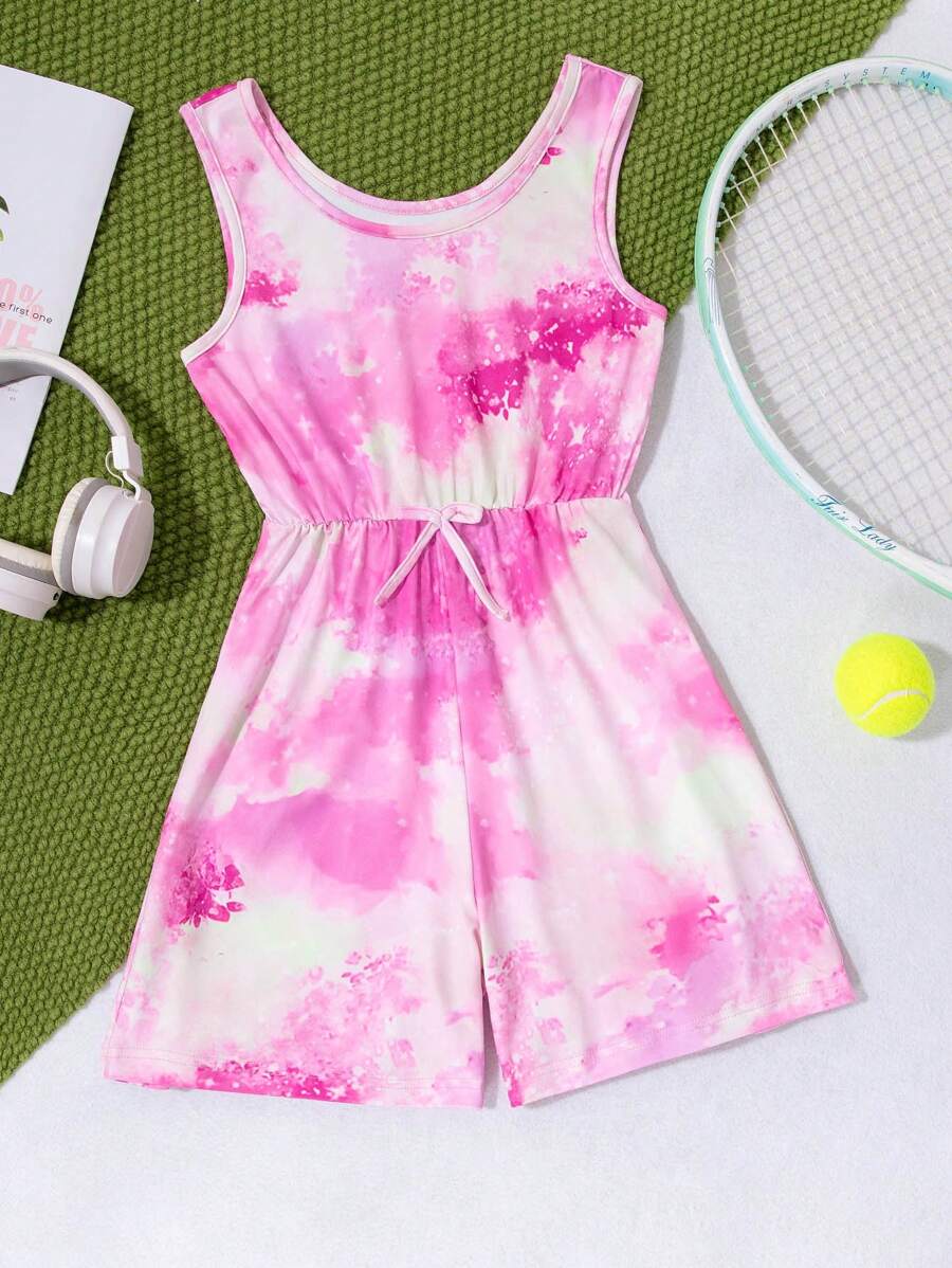 SHEIN 青少年女孩休闲舒适扎染蝴蝶结装饰连体裤,夏季 - 粉色 - 查看 1