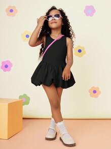 SHEIN Young Girl Fashion Solid Color Patchwork Round Neck Fitted Woven Dress - Black - View 2