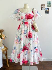 Dreamara Plus Size Floral Print Square Neck Short Sleeve Dress Vintage - Multicolor - View 1