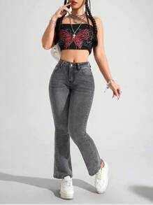 SHEIN PETITE Damen Weite Lässig Jeans mit Taschen, vielseitig