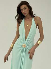 Aloruh Women Solid Color Halter Pleated Sexy Backless Dress Summer Summer Outfits Summer Clothes Beach Outfits For Woman  Beach Vacation Vacation Outfits Woman Boho  Tropical Vacation Woman Clothe  Tropical Vacation Woman Clothe Backless Mesh Lake Blue Deep V Mesh Long Dress With Metal Shell Decoration For Slimming Effect Backless Metal Shell Decoration At Waist Deep V,Summer Dresses For Women,Party Dress