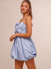 WESTFADE Frühlings Nylon süßer herzförmiger Ausschnitt Schleife Vorderseite Spaghettiträger Bubikragen Mini Kleid Sommer Urlaubsoutfit - Blau - Übersicht 3
