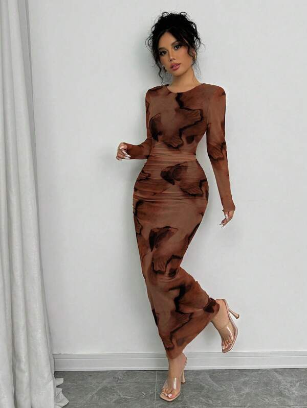 Elenzga Elegant Gradient Long Sleeve Slim Fit Women's Dress