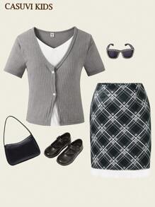 2pcs/Set Teen Girl Ribbed Knit 2 In 1 Top & Plaid Ruffle Hem Snug Fit Skirt Suit, Casual Summer Outfit - Grey - View 7