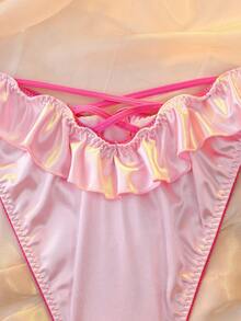 سروال داخلي مثلث لامع من الساتان بطية مكشكشة وأشرطة متباينة اللون كيوت للنساء - وردي - مشاهدة 4