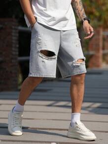 Manfinity LEGND Men's Light Wash Denim Bermuda Shorts: Avant-Garde Street Casual Style With Distressed Detailing And Zipper Fly