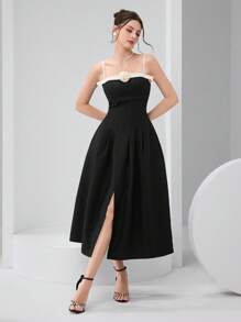 Modelyn 女士拼色花卉装饰细肩带中长连衣裙泳衣 - 黑色 - 查看 1