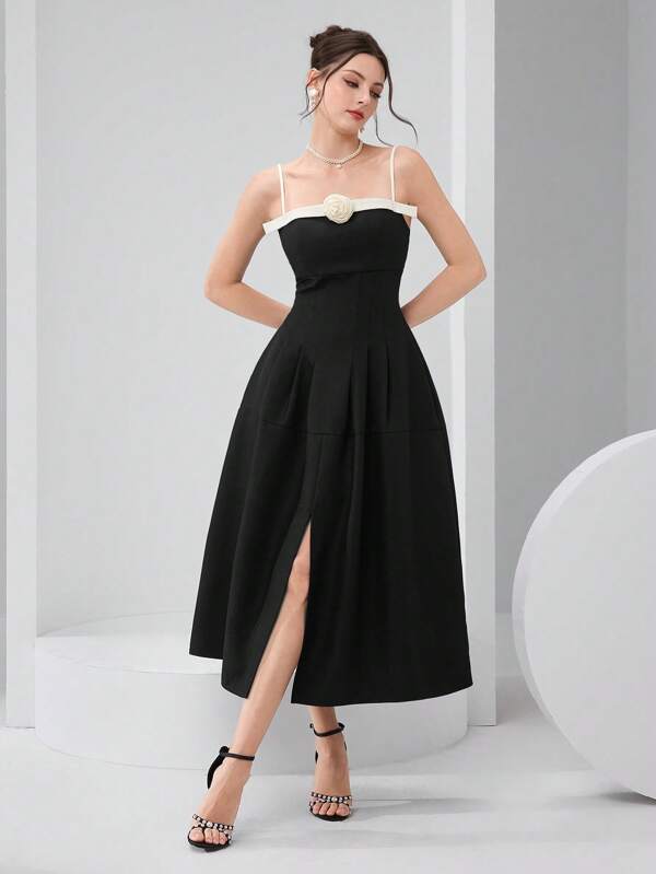 Modelyn 女士拼色花卉装饰细肩带中长连衣裙泳衣