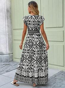 SHEIN LUNE V-Ausschnitt Rüschen Saum Puffärmel Taille gedrafft Rüschen Saum A-Linie Kleid, lässiges Urlaubs Blume Muster Damenkleid