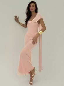 Aloruh Vestido feminino elegante cor sólida com decote assimétrico