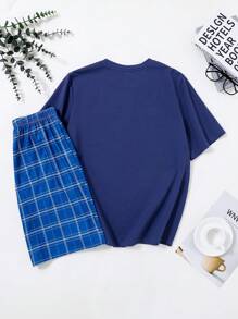 SHEIN Leap Crew Teen Boys Simple Plaid Print Pockets Round Neck Short Sleeve Shorts Loose Casual Knit Pajama Set, 2 Pieces - Blue - View 2