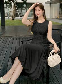 xheDAZY Vestido midi elegante de mujer con bajo de cola de pez, parches de encaje y estilo de vestido de verano maxixhe - Negro - Ver 2