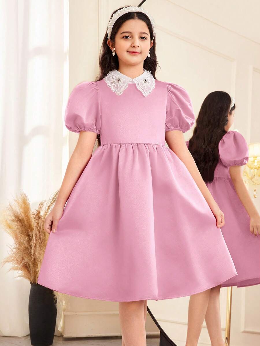 SHEIN Vestido evasé de niña preadolescente con manga abullonada, cuello de contraste y estampado floral