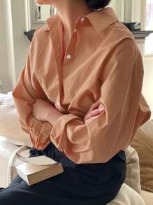 DAZY Women's Solid Color Long Sleeve Single Breasted Casual/Office Shirt - Coral Orange - View 5