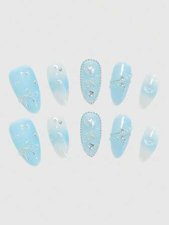Kawaii 10pcs Lovely Shiny Tie Dye Dotted Rhinestone Heart & Bowknot Chain False Nails With 1pc Glue Tape