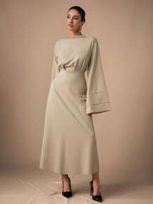EURMUSE Solid Color Round Neck Pleated Elegant Long Sleeve Dress - Krem - View 7