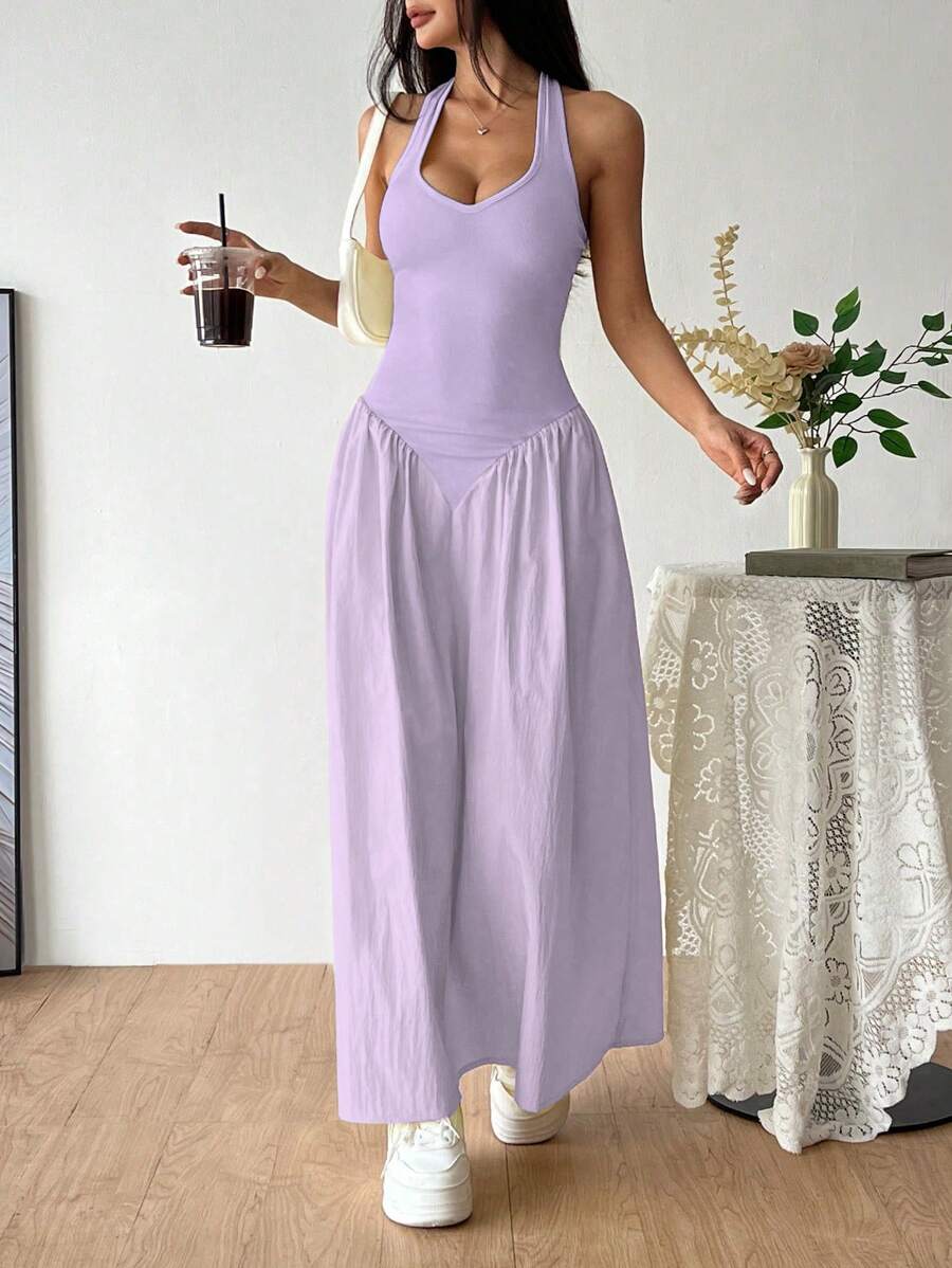 Flirla Váy xếp ly thắt eo gợi cảm cổ chữ V sâu kiểu Pháp - Màu tím hoa cà - Xem 1
