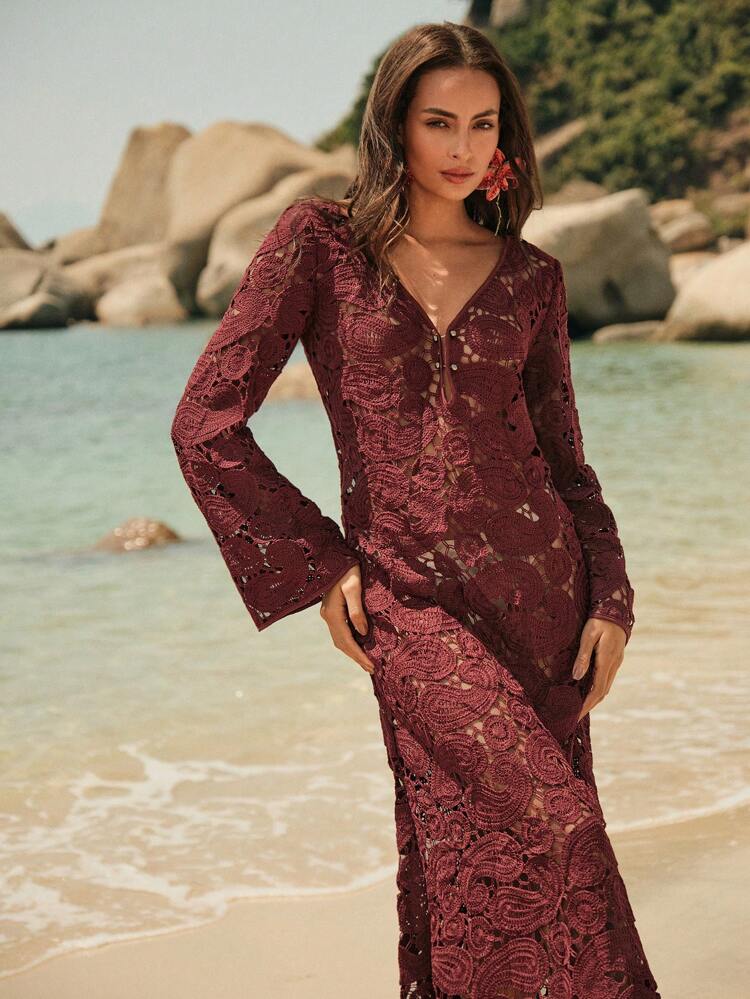 Water Soluble Lace Hollow-Out Flower Trim Long Sleeve Coverup, Suitable For Summer, Beach, Festival, Casual, Vacation, Holiday