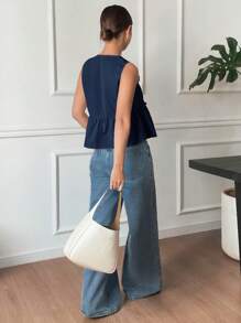 SHEIN Frenchy Top sin mangas con diseño de volantes bordados y calados de unicolor, adecuado para el verano - Azul Marino - Ver 2