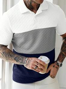 Manfinity Homme Men's Casual Patchwork Textured Fabric POLO Shirt, Earthy Tones - Multicolor - View 1