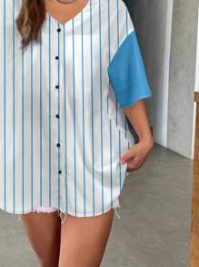 SHEIN EZwear 可爱兔子、狐狸、老虎、小狗卡通图案棒球风格拼色运动夹克，女式宽松前开短袖衬衫，适合夏季和运动季节 - 彩色 - 查看 9