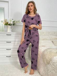Women Heart Print Round Neck Short Sleeve T-Shirt And Drawstring Pants Casual Sleepwear Pajama Set