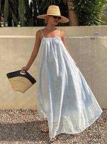 DAZY 女士全印花宽松度假吊带露背褶皱连衣裙，夏季邮轮女装连衣裙，休闲波西米亚风女装 - 藍色 - 查看 3