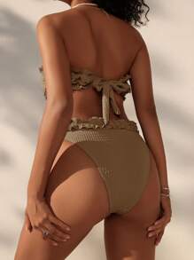 Swim Mod Women Vacation Beach Frill Trim Swimsuit Set For Summer - Brown - View 2