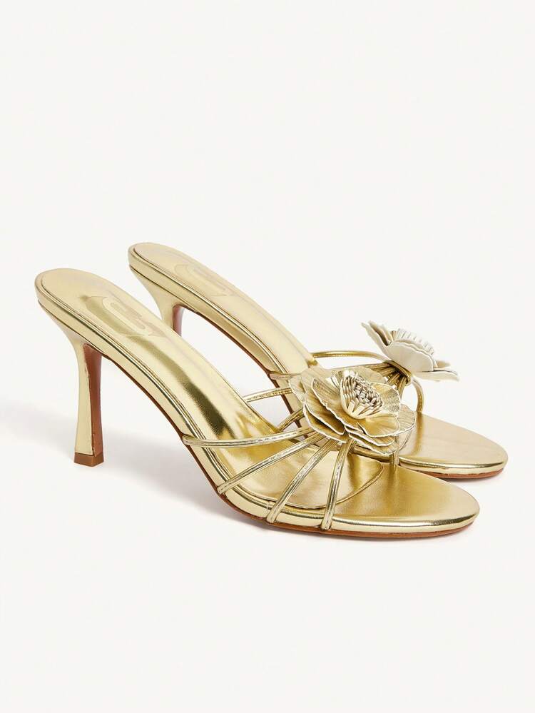 CUCCOO CHICEST Women Elegant Floral Design Round Toe High Heel Sandals, Sweet & Romantic Gold Faux Leather Ladies Fashion Dress Shoes For Summer, Afternoon Tea, Date, Party & Holiday For Christmas Elegant Shoes Wedding Shoes Summer Shoes Bride Shoes