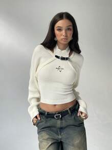 Aloruh 2pcs Set: Casual Minimalist Biker Leather Buckle Vest & Fitted Knit Top - Black - View 3