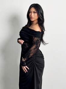 Firerie Plus Size Women's Spring/Summer Casual Elegant Holiday Romantic Travel Beach Lace Splicing Off-Shoulder Textured Mesh Sheer Ruched Sexy Minimalist Fashionable Bodycon Long Sleeve Dress, Slimming, Ins Style - Black - View 5