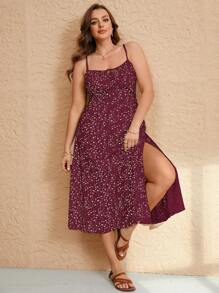 Elaquor Plus Size Summer Vacation Tie-Up Strap High Slit Dress - Red - View 4