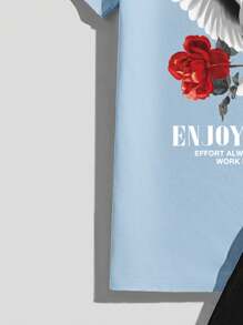 Manfinity ZONE917 2pcs Street Style Red Rose & Graphic T-Shirt And Black Shorts Set, Comfortable, Suitable For Summer - Multicolor - View 3