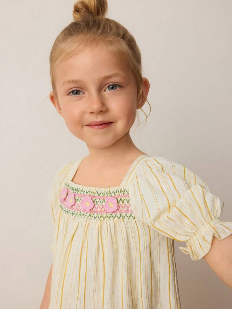 Young Girl Loose Casual Floral Decor Puff Sleeve Mini Dress