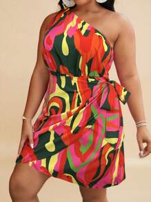 Travachic Vestido de verano con estampado todo sobre, un hombro, nudo lateral y dobladillo envolvente para tallas grandes