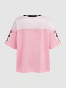 SHEIN Girlism Tween Girls Y2K Casual Streetwear Leopard Bow Slogan Graphic Print Mesh Splice V-Neck Boxy Short Sleeve Knit T-Shirt, Pink - Pink - View 3