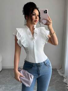 Elenzga Blusa elegante da donna, adatta per il pendolarismo, tempo libero e vacanze, con maniche a volant, colletto a volant, vita arricciata e scollo a V, in tinta unita