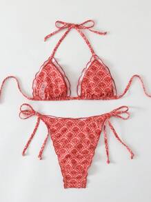 Swim Mod Women Summer Floral Print Spaghetti Strap Ruffle Cropped Top & Side Tie Beachwear 2 Pieces Bikini Set - Burnt Orange - View 2